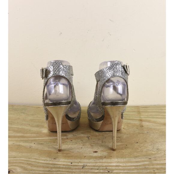 Jimmy Choo Heel 38.5 Vamp Silver Gold Glitter Fabric Platform 5" Sandals Shoes - Picture 4 of 15